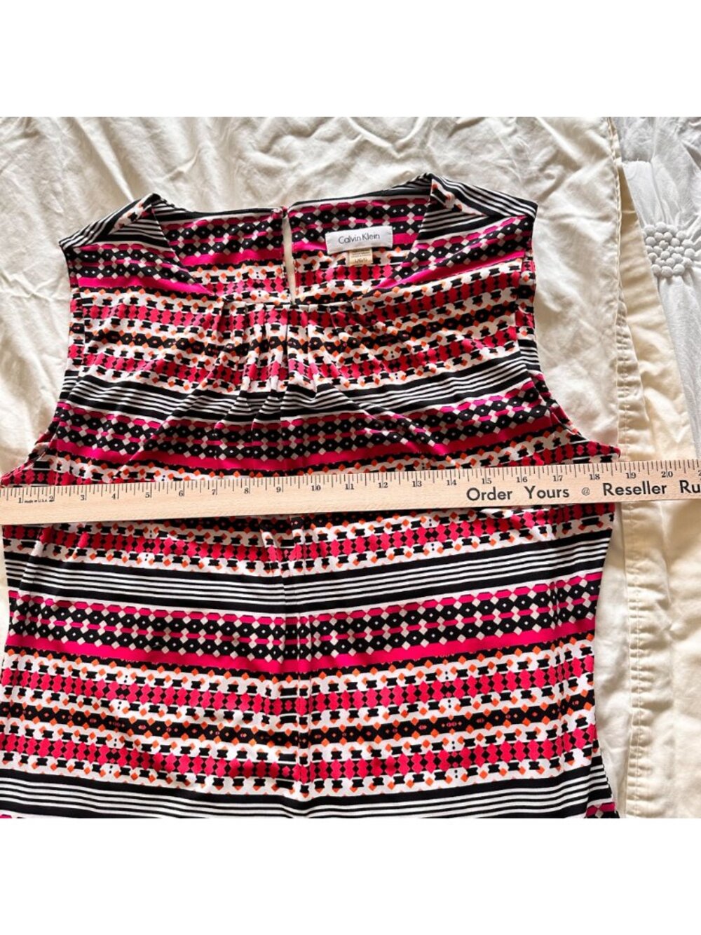Calvin Klein Womens LG Striped Sleeveless Top Multicolor Pleated Neckline Beachy - Picture 5 of 8